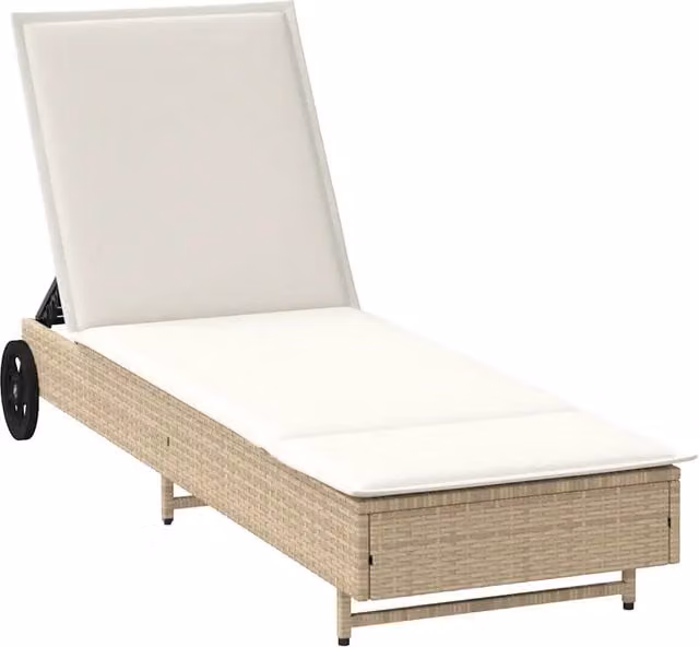 Lettino Prendisole | Sdraio da giardino | Lettino da sole con Ruote e Cuscino in Polyrattan Beige