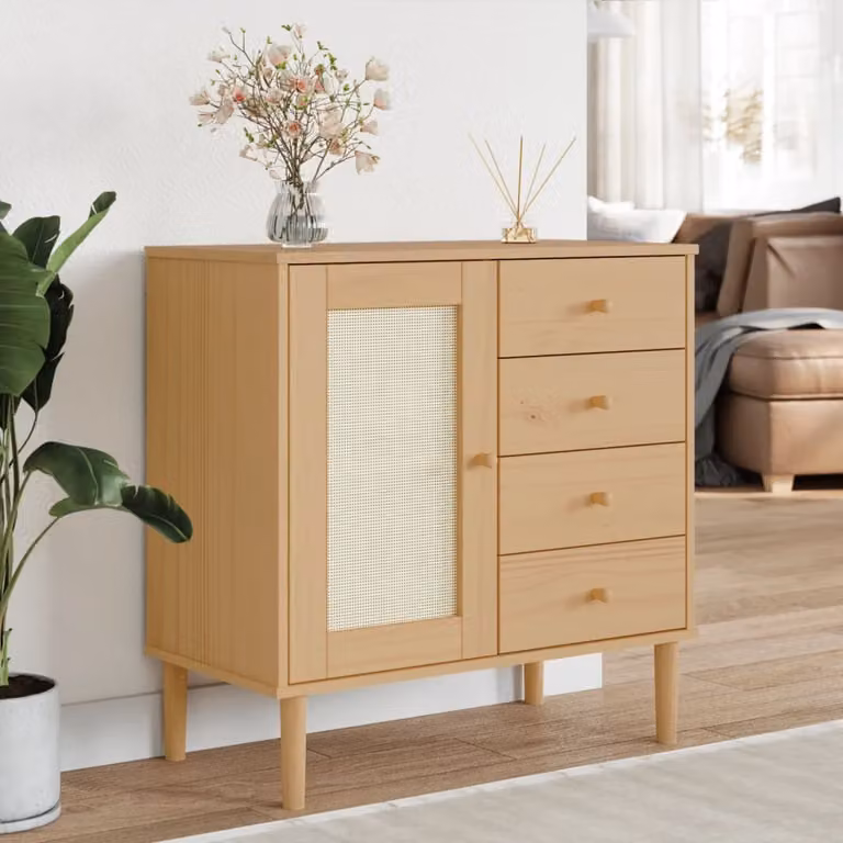 Credenza vidaXL SENJA in legno di pino massello con aspetto rattan, colore marrone e beige, L 80 cm x P 40 cm x H 80 cm