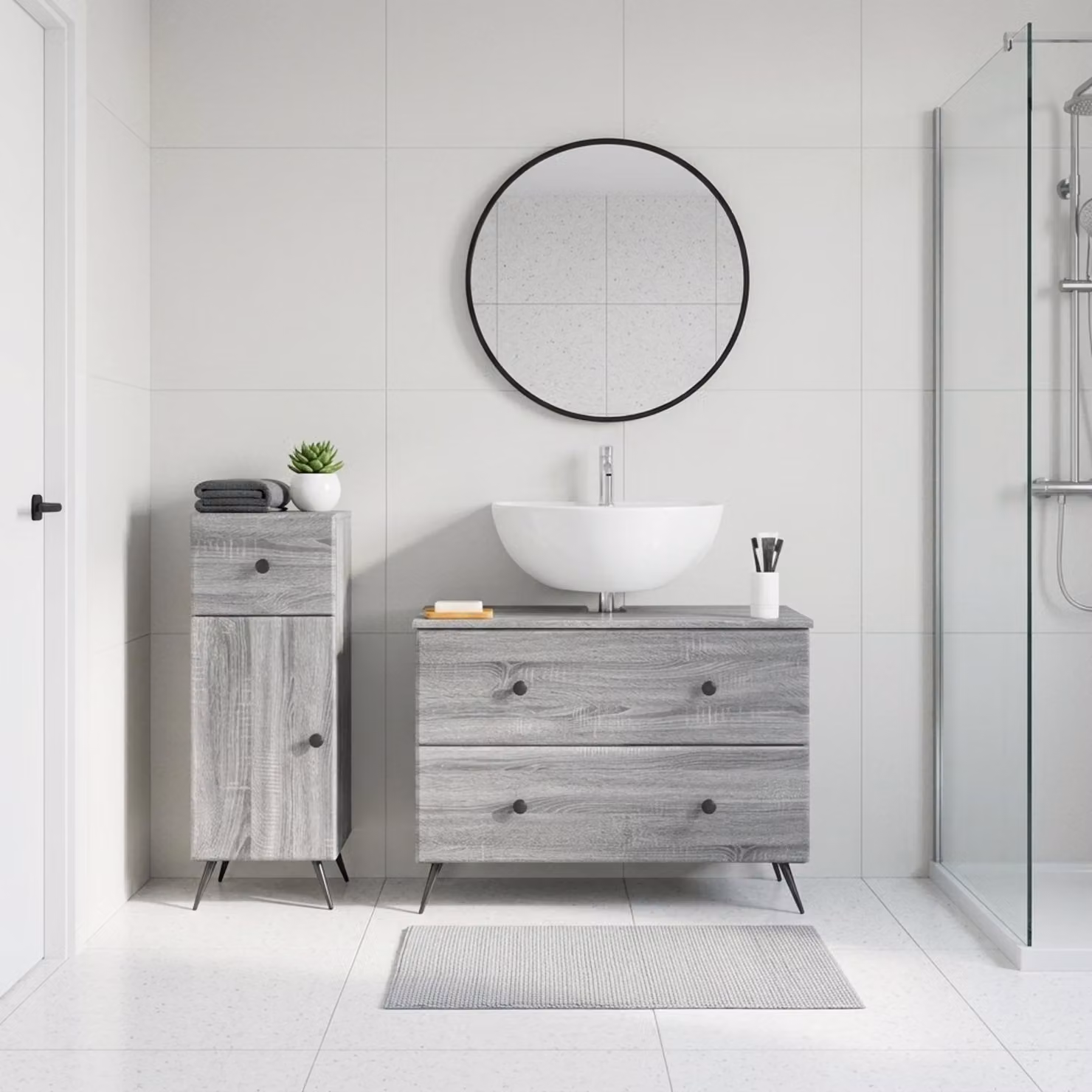 Set di mobili da bagno vidaXL BREDA composto da 2 pezzi, mobile lavabo e mobile contenitore, colore grigio Sonoma, design moderno in legno MDF