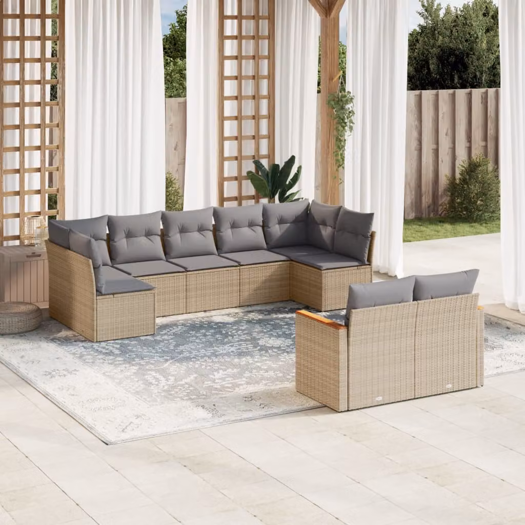 Set Divano da Giardino vidaXL 9 pz in Polyrattan con Cuscini Beige e Grigio – 1