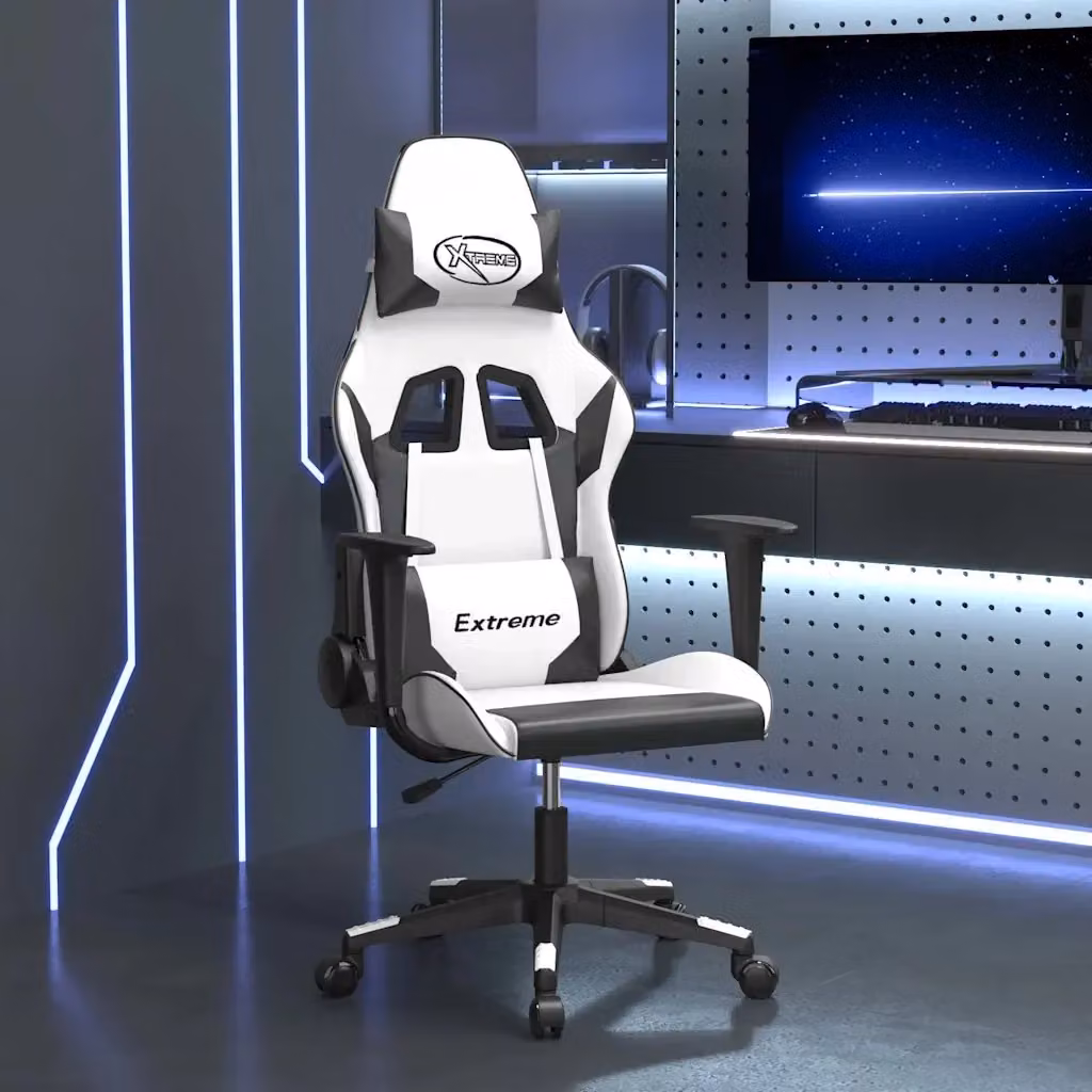 Sedia da Gaming Design In Bianco e Nero in Similpelle con Poggiatesta e Ruote – 2