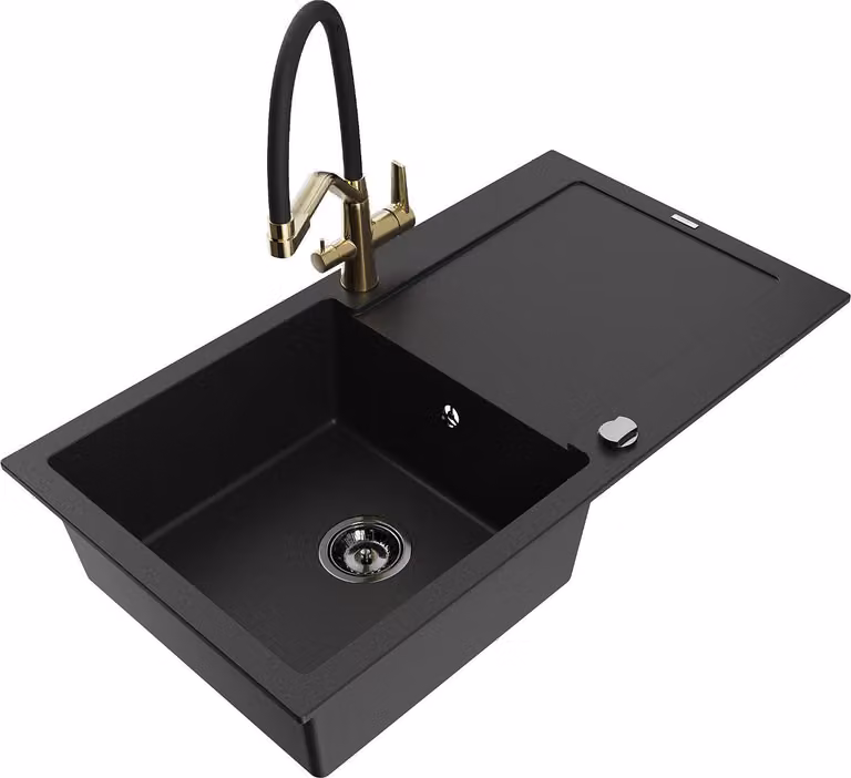 Mexen Leo lavello in granito a 1 vasca con scolapiatti e miscelatore Duo, nero - 6501-77-671701-57-B