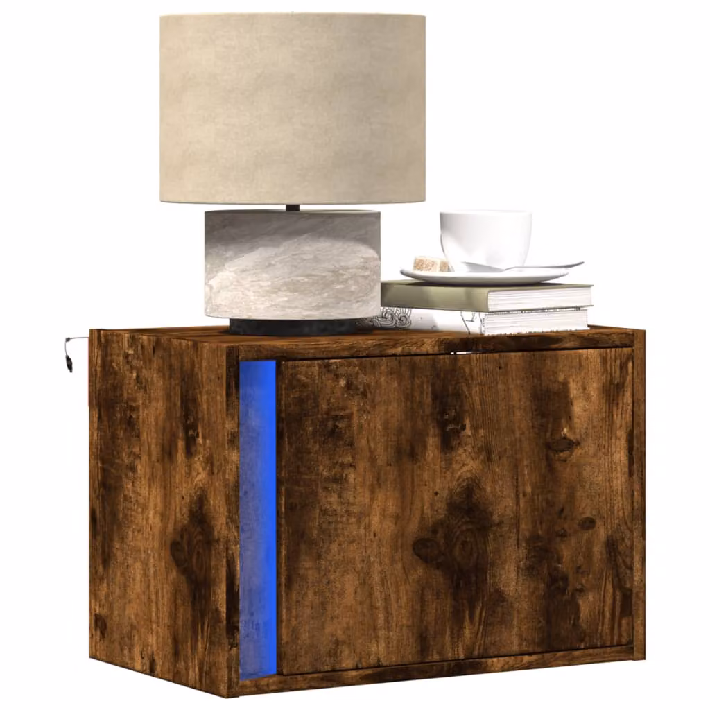 vidaXL Comodino da parete con luci LED integrate in Rovere Fumo