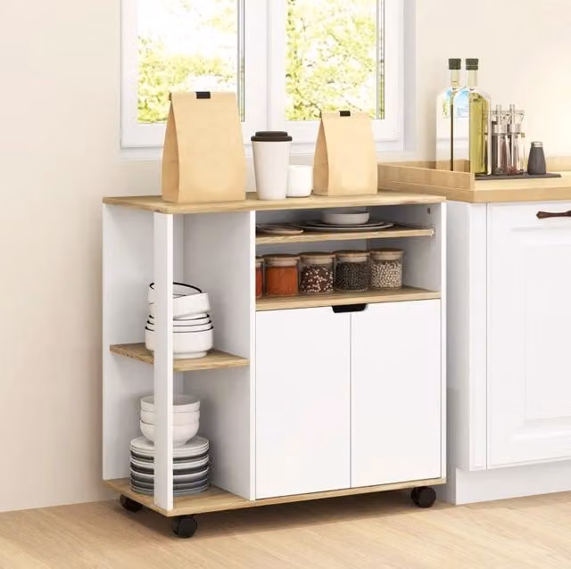 Carrello da cucina con ruote, contenitore e ripiano regolabile 80x40x82 cm bianco