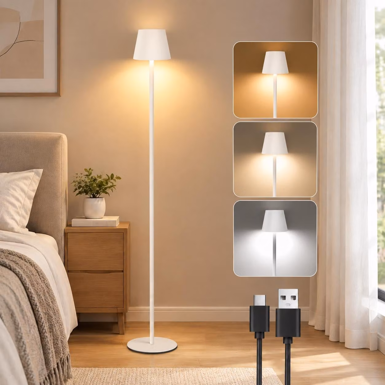 Lampada da terra LED per soggiorno, lampada adatta per camera da letto, studio, ufficio, bianca, con batteria, ricaricabile tramite USB, dimmerabile, altezza 125 cm, design moderno