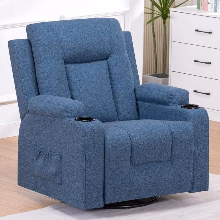 Poltrona in tessuto - Poltrona relax - Funzione massaggio - Schienale regolabile - Poggiapiedi ribaltabile - Due tasche laterali - Struttura in metallo - 95×82×102 cm - Blu