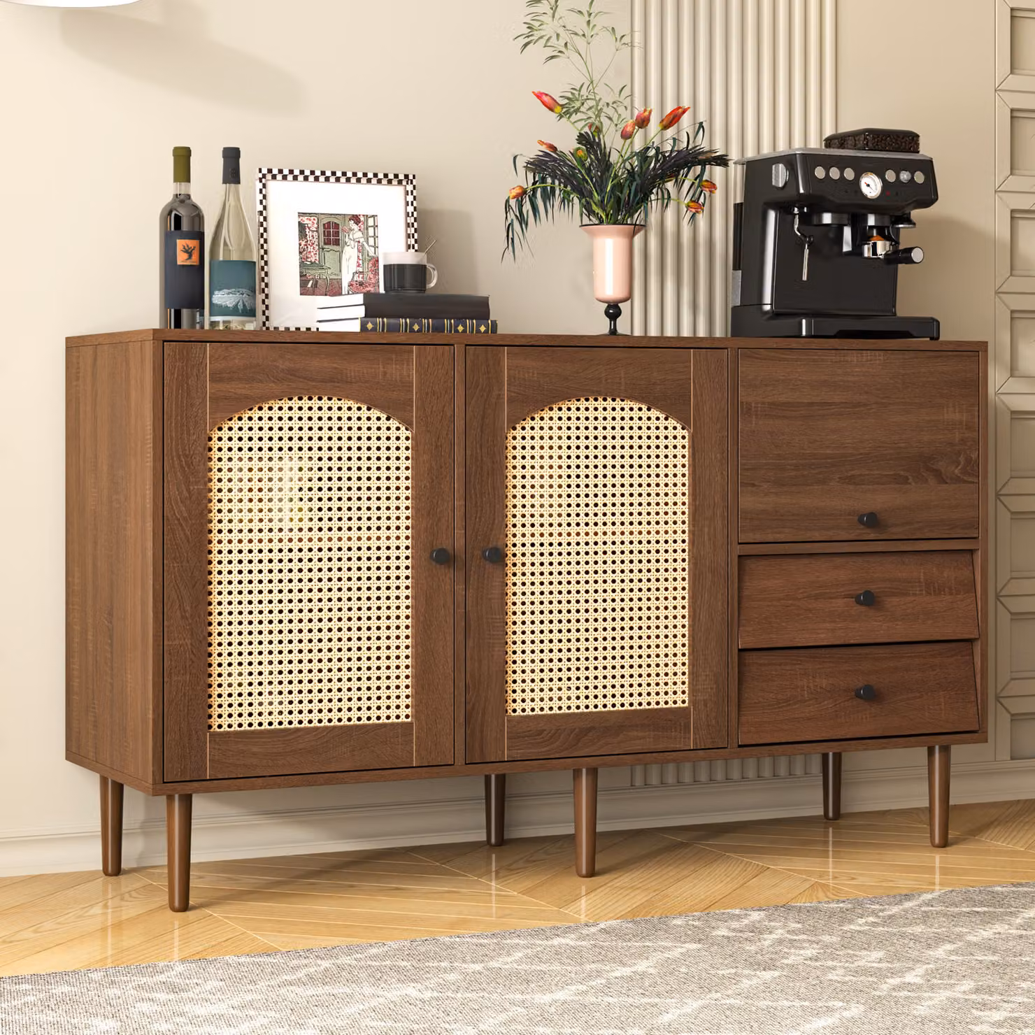 Cassettiera Merax in rattan con 3 ante e 2 cassetti, cassettiera antica in stile rustico in legno e rattan, L/H/D:130/76/41 cm
