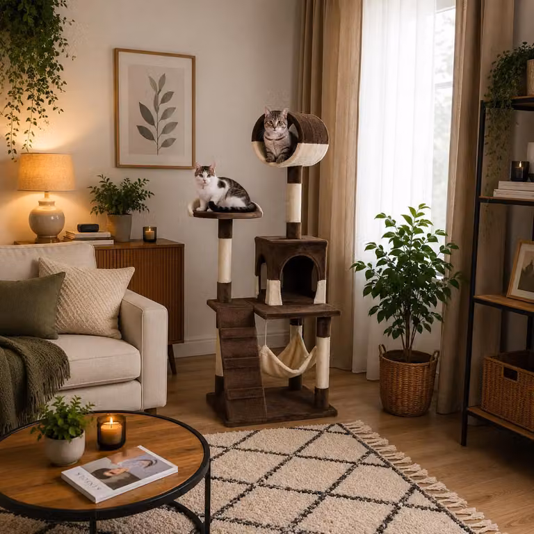 Tiragraffi per gatti Belviona, albero da arrampicata per gatti con cuccia, amaca, scaletta e piattaforma di riposo, 133 cm, marrone/beige