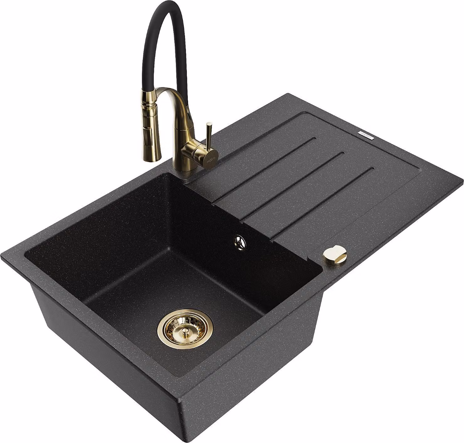 Mexen Bruno lavello in granito a 1 vasca con sgocciolatoio e miscelatore da cucina Aster, nero/argento metallizzato
