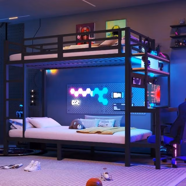 Letto a soppalco singolo MIVRAY nero con scrivania, ripiani, illuminazione LED e porta USB, L/P/H: 200 x 90 x 246 cm