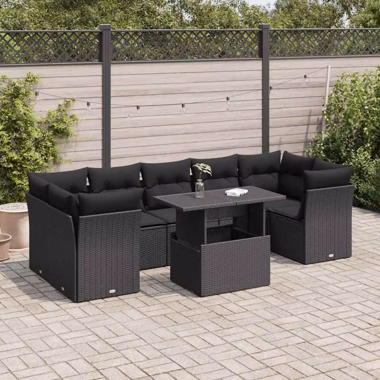 Set Divani da Giardino a L vidaXL in Polyrattan Nero con Cuscini e Tavolino da Esterno