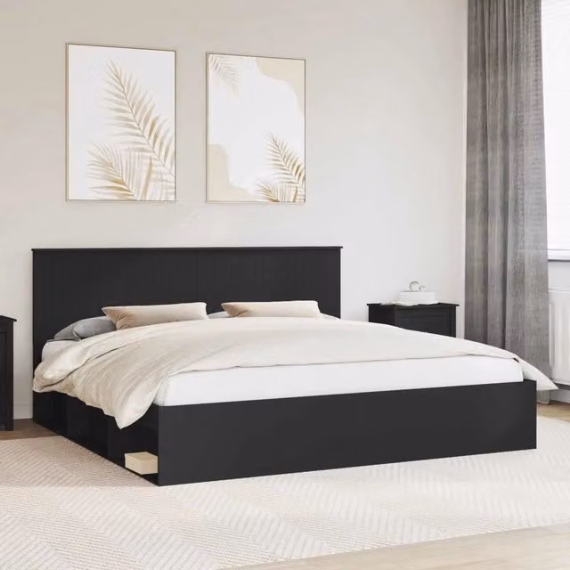 Struttura del letto-Giroletto Nero 200 x 200 cm Pino massello 315765