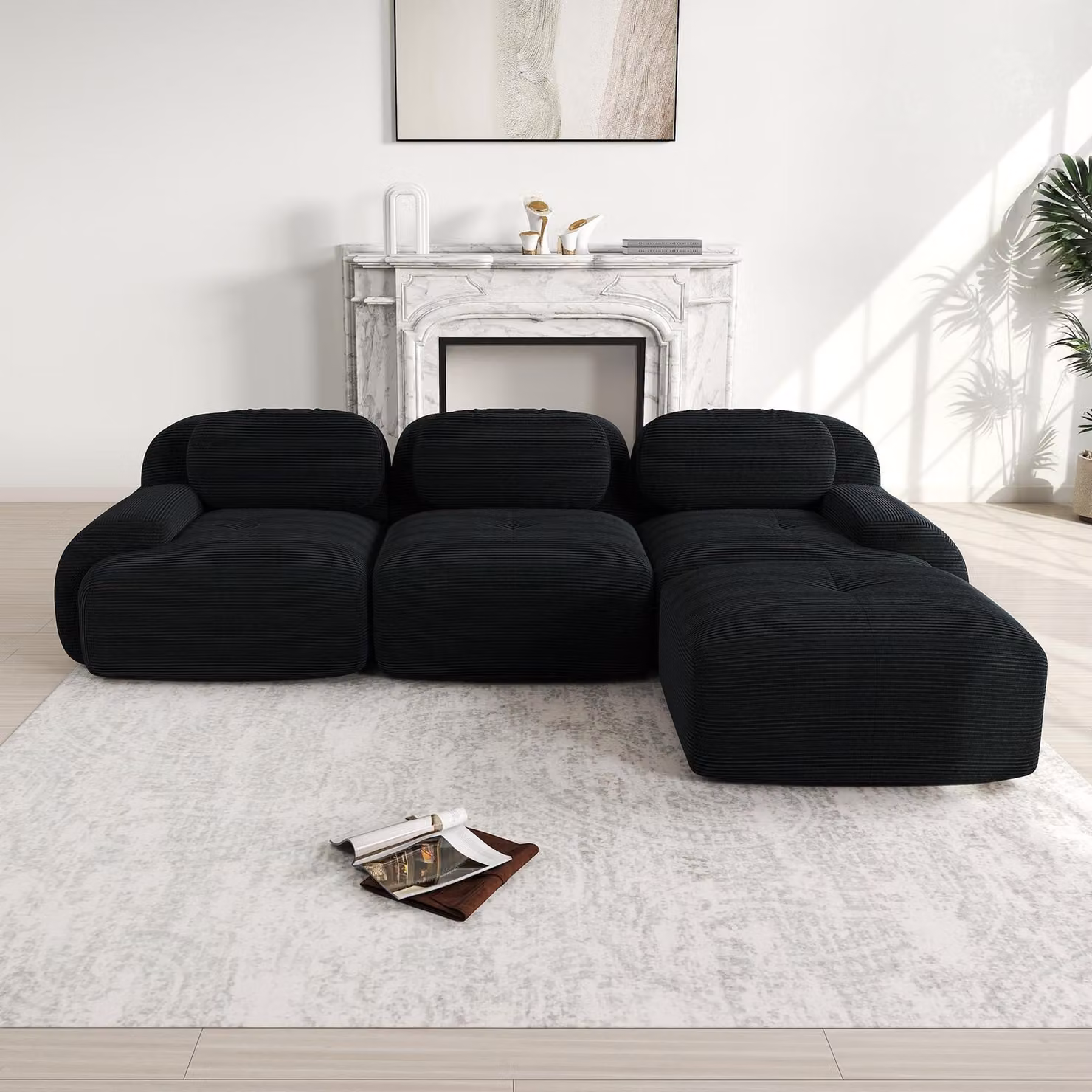 Divano angolare modulare Sweiko senza montaggio, ergonomico e adatto agli animali domestici, in tessuto a coste con braccioli extra larghi, rivestimento altamente elastico 32D per soggiorno e camera da letto, Nero
