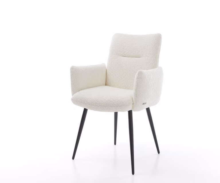 Sedia da pranzo DELIFE Jova-Flex con braccioli, rivestita in tessuto bouclé bianco, base a 4 gambe coniche nere, imbottitura in molle insacchettate