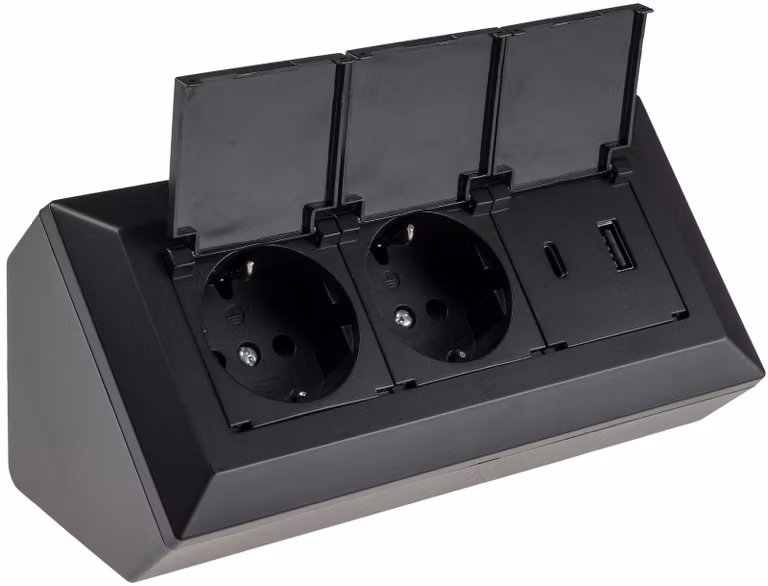 blocco prese a 2 vie USB-A+C nero 250V~/16A USB 3.1A con alette