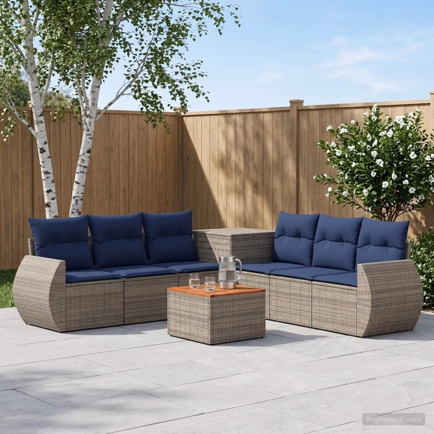 Set di divani da giardino vidaXL 8 pz in rattan sintetico e acciaio, colore grigio e blu navy, con cuscini inclusi