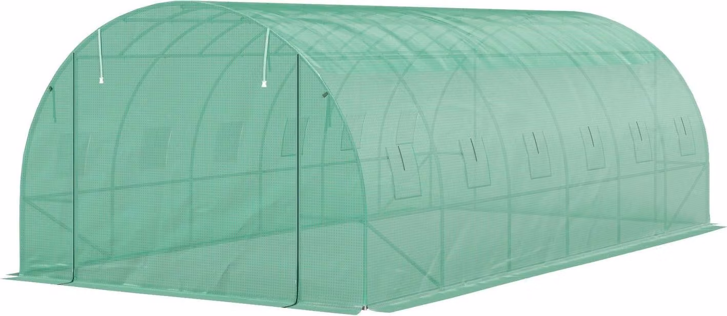Serra ca. Serra con pellicola 6 x 3 x 2 m con 12 finestre, porta avvolgibile, pareti laterali avvolgibili, tunnel con pellicola resistente ai raggi UV, serra per pomodori resistente all'inverno con ancoraggio a terra, verde