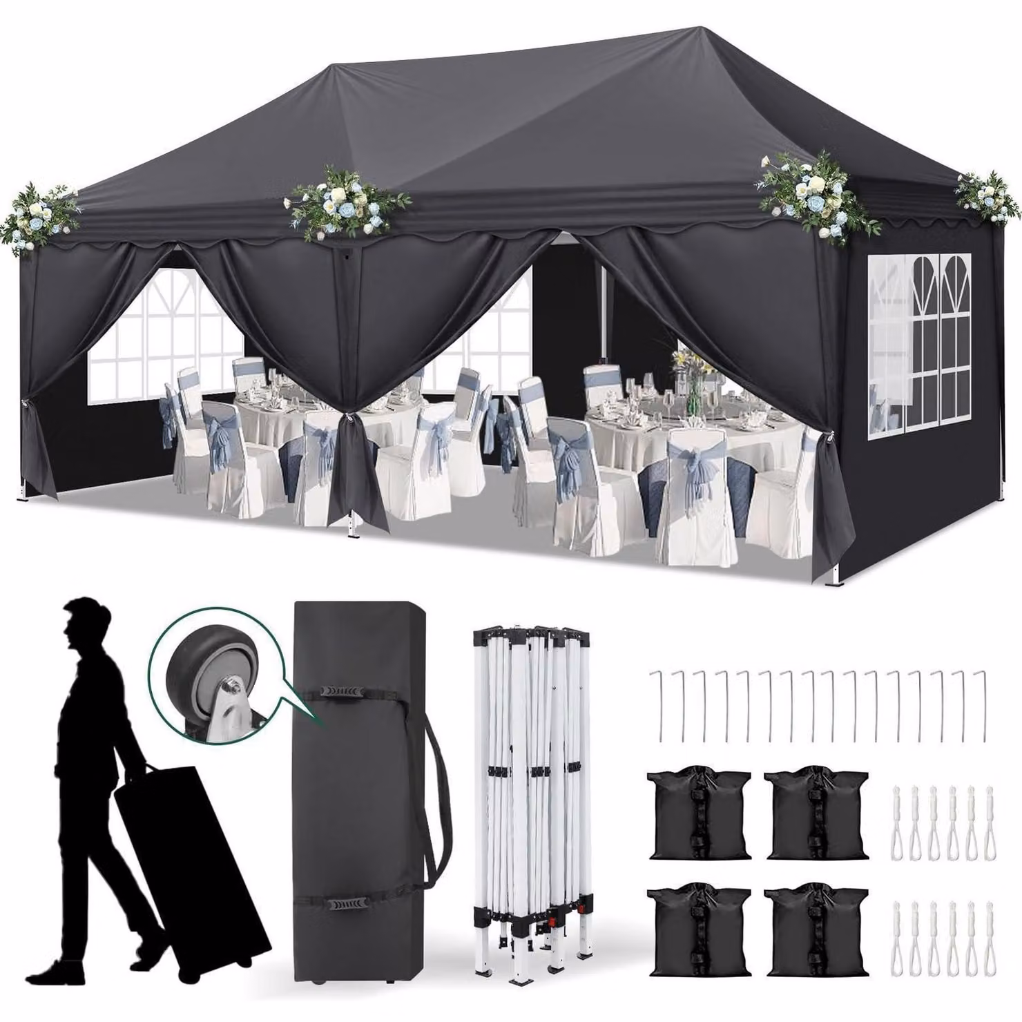 Tenda da campeggio 3x6 metri, grigio scuro, impermeabile, stabile, con 6 pareti laterali e sacchi di sabbia