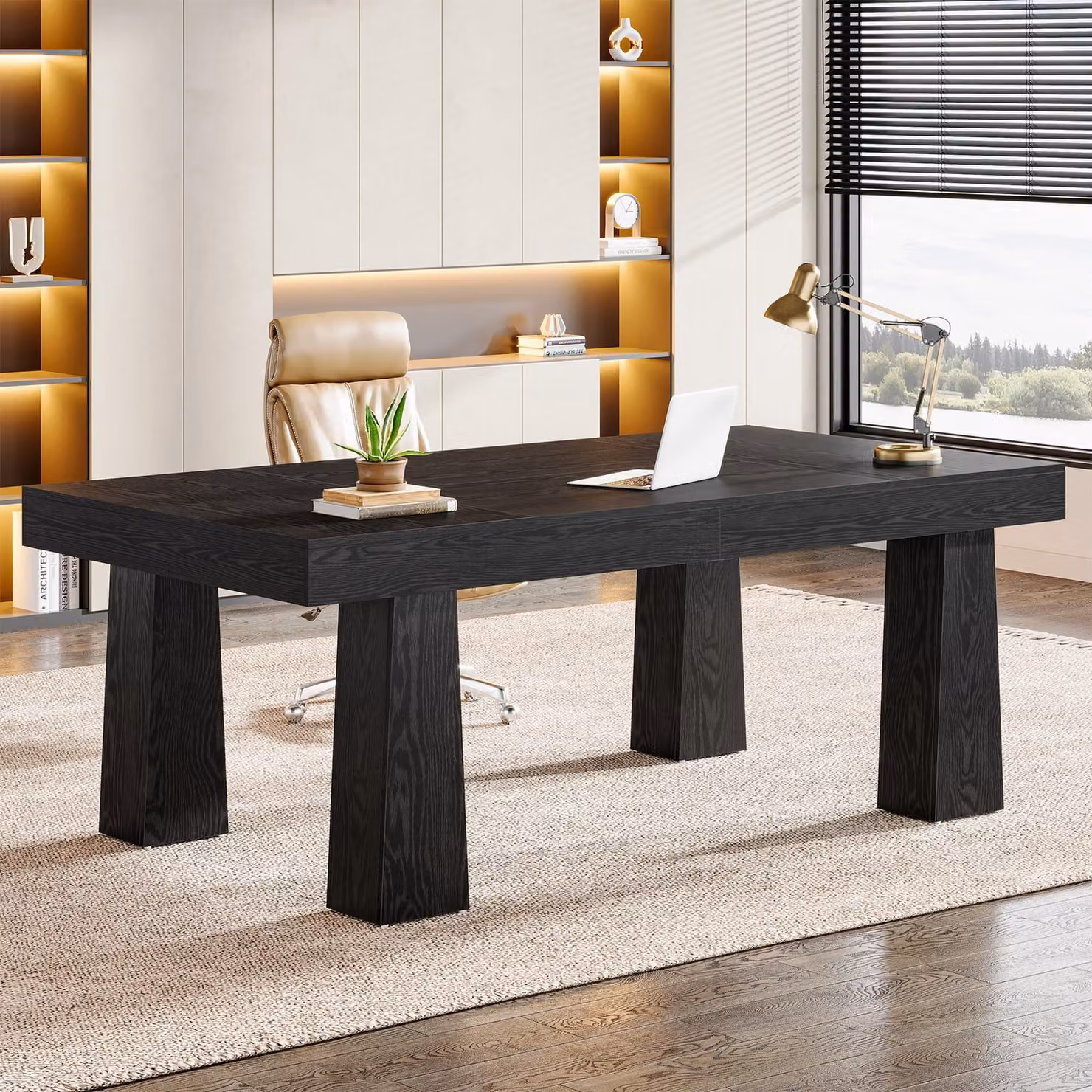 Scrivania Tribesigns 160 cm, robusto tavolo da riunione industriale moderno rettangolare con 4 gambe coniche per l'ufficio, luogo di lavoro, nero