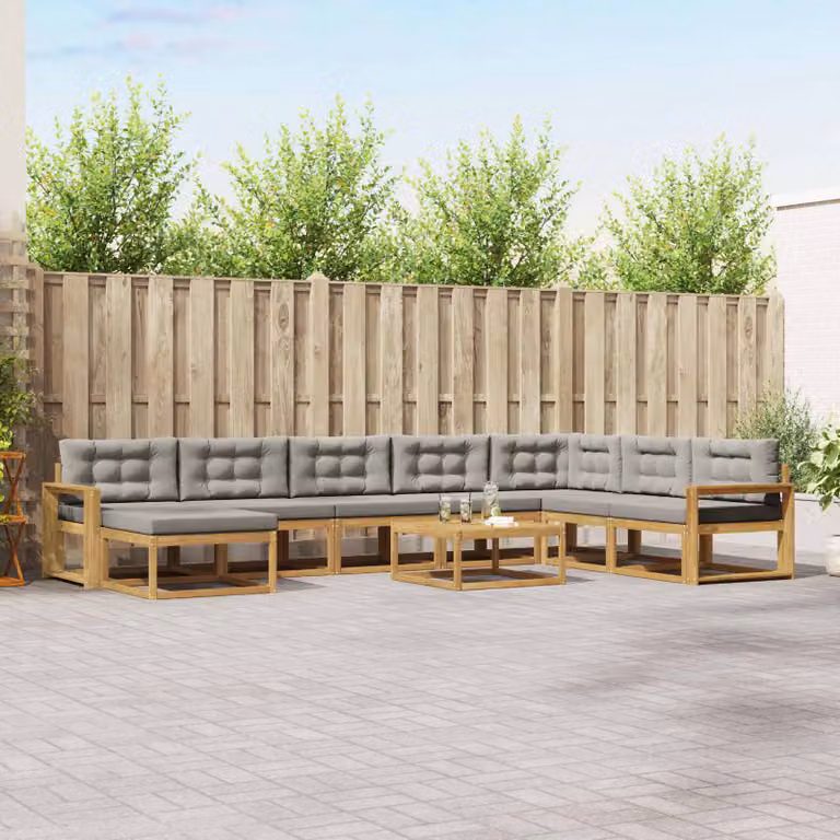 vidaXL Set di divani da esterno a L in legno di acacia con 9 pezzi, Bianco, Grigio e Marrone