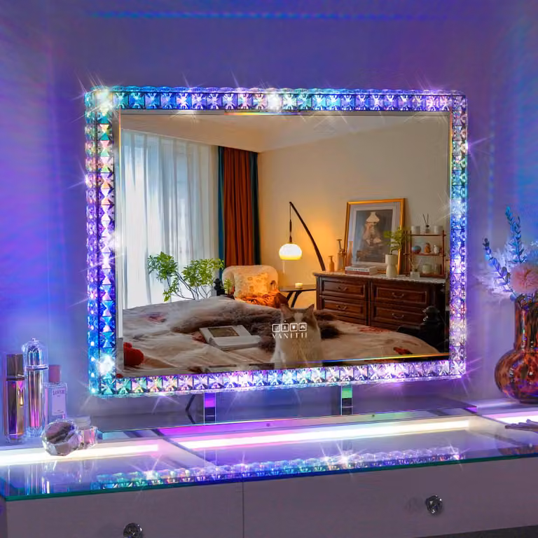 VANITII Specchio cosmetico Hollywood 80 cm x 60 cm con illuminazione a LED Modalità luce RGB Specchio cosmetico con cristalli per toeletta Bianco