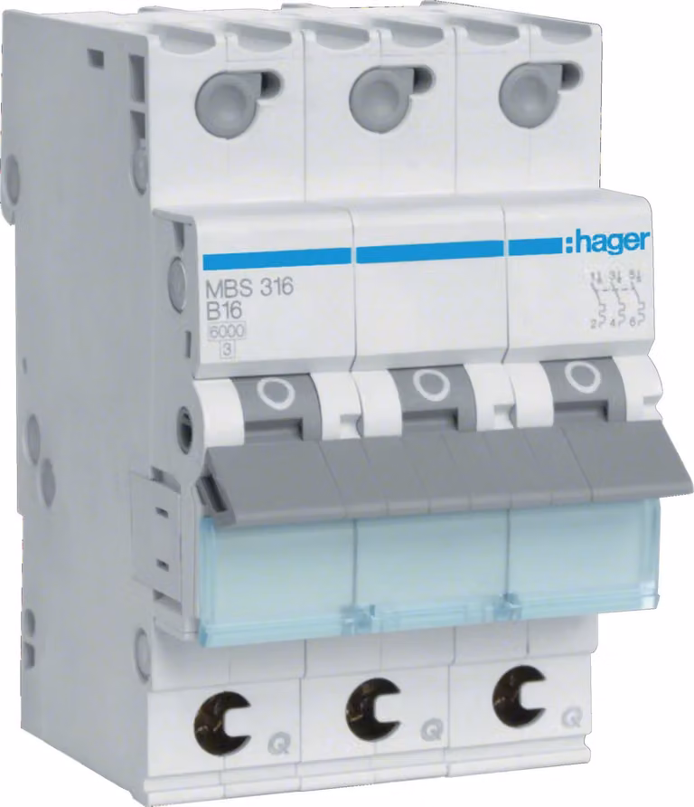 Interruttore LS Hager a 3 poli, 6 kA, caratteristica B, 16 A Hager MBS316, 1 pz.