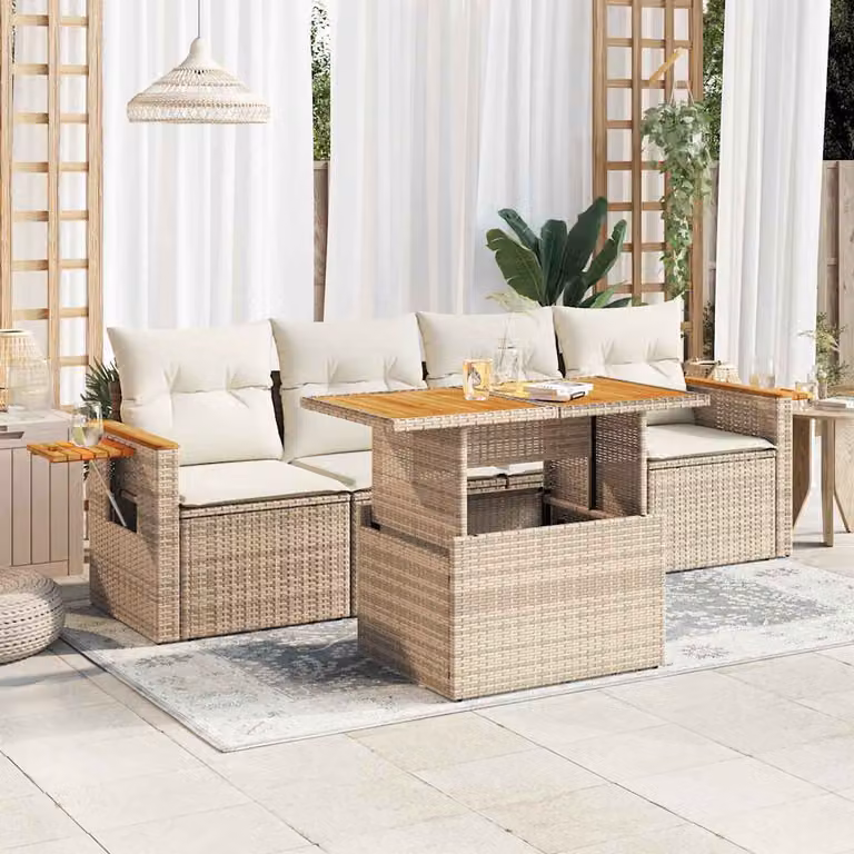 Set Divano da Giardino vidaXL 5 Pezzi in Polyrattan con Cuscini Beige e Tavolino da Esterno