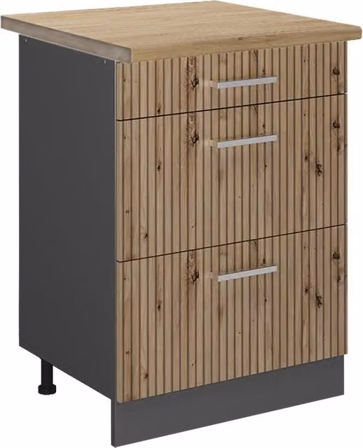 Mobiletto base per cucina R-Line Rovere artigianale/Antracite 60 cm con cassetti, PL Rovere Vicco