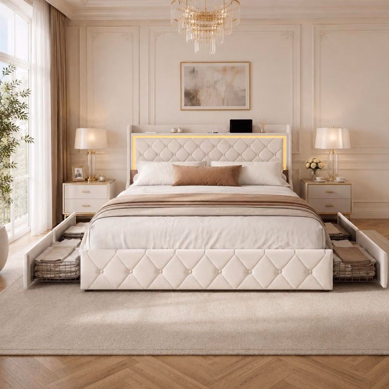 Letto imbottito INONEFT, modello per ragazzi, 160x200 cm – Struttura letto singola con LED, porta USB, 4 ampi cassetti e robusta struttura in metallo, colore bianco