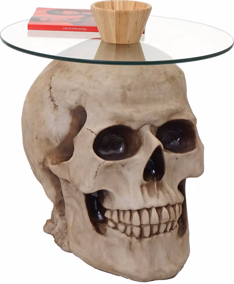 Tavolino teschio HWC-A19, tavolino in vetro tavolino da salotto teschio, rotondo in poliresina Ø55cm naturale