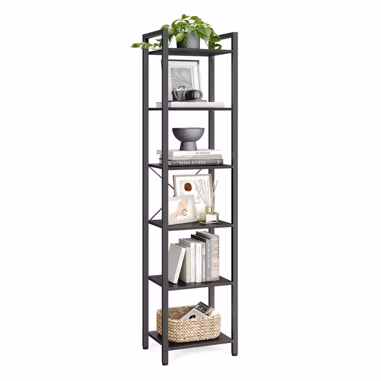 Scaffale Libreria per Ufficio Studio Soggiorno Camera da Letto Stile Industriale, Nero Ebano + Nero