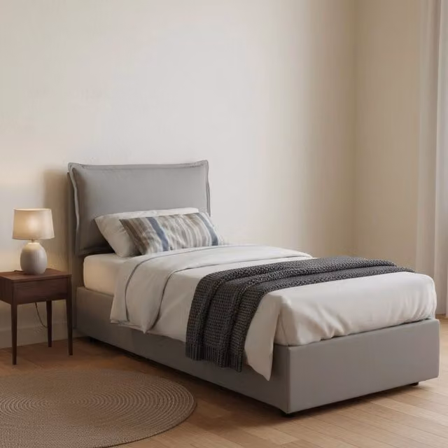 Letto singolo contenitore Azzurrino di Talamo Italia con rivestimento in tessuto grigio, adatto per materasso 80x200 cm