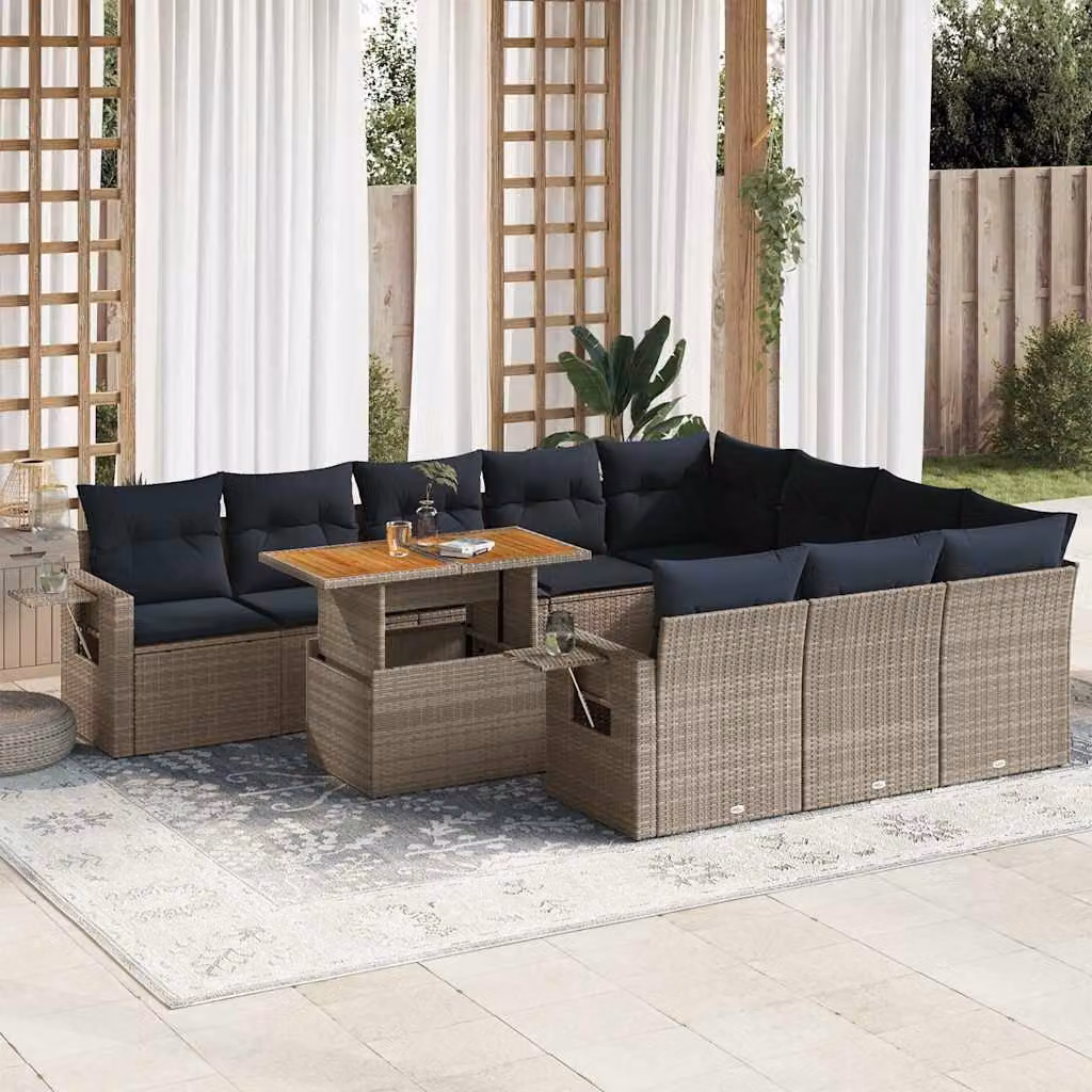 Set di divani da giardino vidaXL 11 pz a forma di U in polyrattan con cuscini blu e struttura in acciaio, ideale per giardino e terrazza
