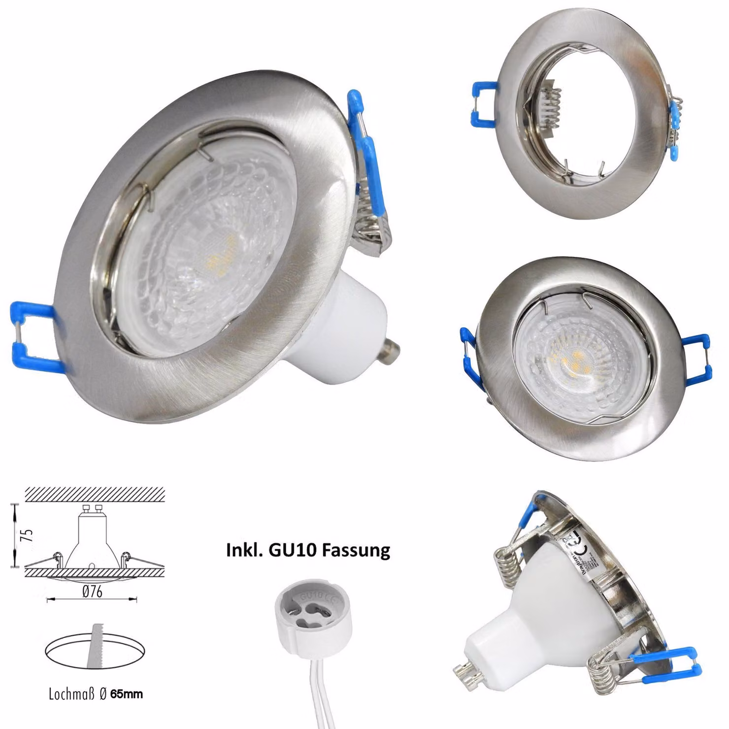 Cornice da incasso ultrapiatta faretto da incasso rotondo in acciaio inox spazzolato Ø65mm dimensione foro Lampadina LED inclusa presa GU10 e luce GU10 da 5W [bianco freddo]