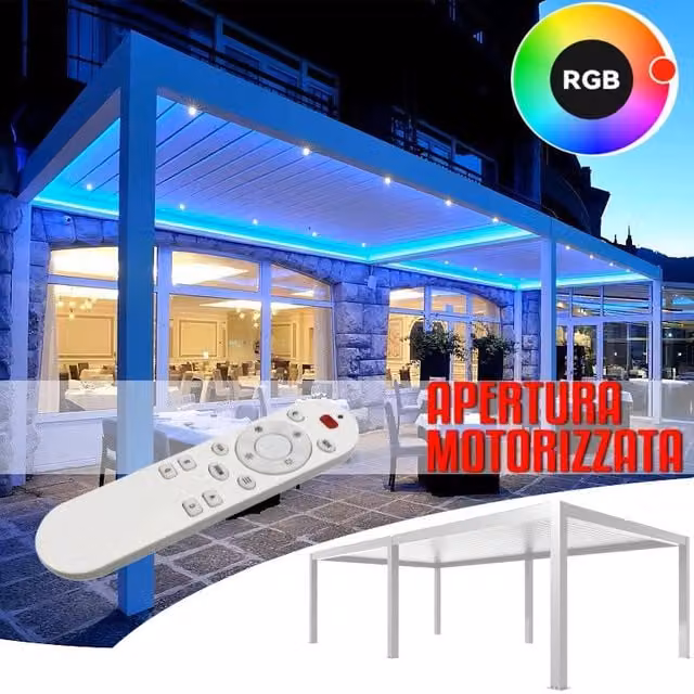 Pergola bioclimatica moderna in alluminio bianco con apertura lamelle motorizzata, impianto LED RGB e sistema di raccolta acqua piovana, dimensioni 8 x 4 m
