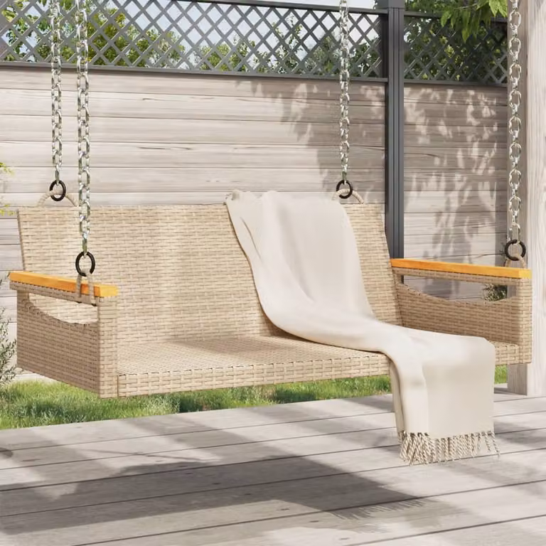 Panchina a dondolo vidaXL in polyrattan e legno di acacia oliato, colore beige, L 109 x P 62 x H 40 cm