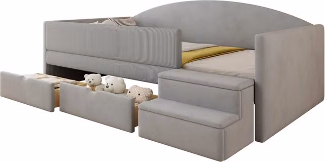 Letto singolo per bambini 90x190 in velluto grigio chiaro con cassetti e gradini， senza materasso