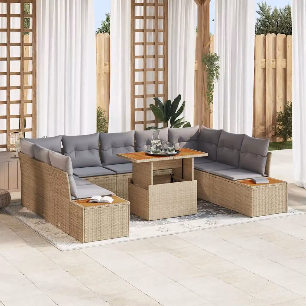 Set da pranzo da giardino moderno vidaXL in legno di acacia con cuscini beige e grigio, 10 pezzi – 1