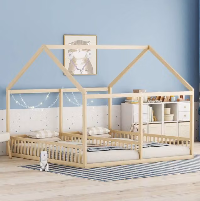 Letto a casetta 90x200 cm 2 in 1; con sponde; pino e MDF; colore naturale