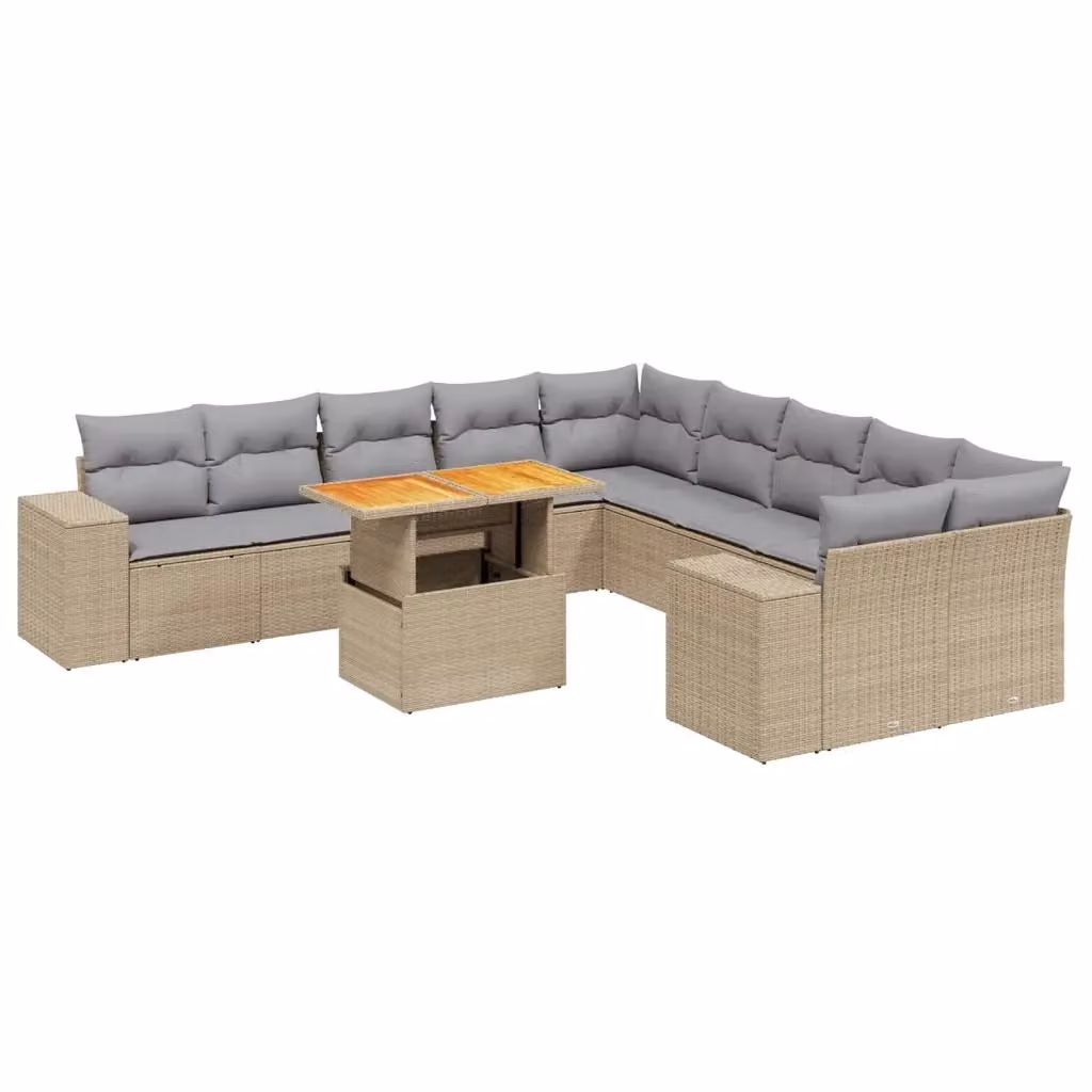Set di divani da giardino VIDAXL in polyrattan con cuscini beige, 11 pezzi, design moderno a L – 2