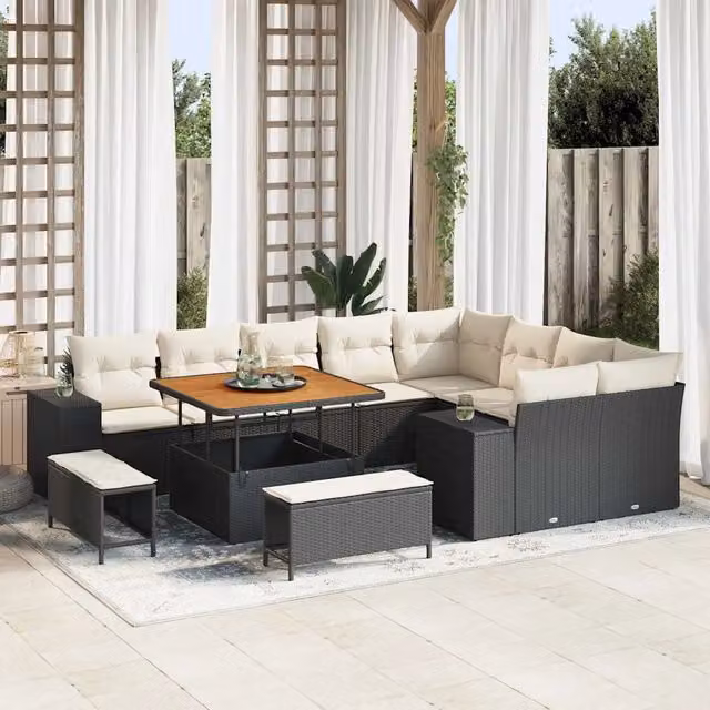 Set Divano da Giardino vidaXL a Forma a U con 9 Posti, Colore Nero e Beige, con Tavolino, Ottoman e Cuscini Inclusi