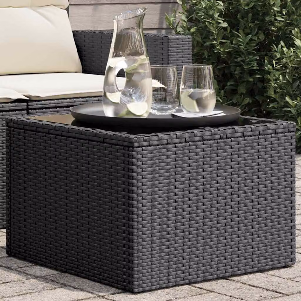 Tavolo da giardino moderno vidaXL in polyrattan con piano in vetro nero L/P/H: 55 x 55 x 37 cm
