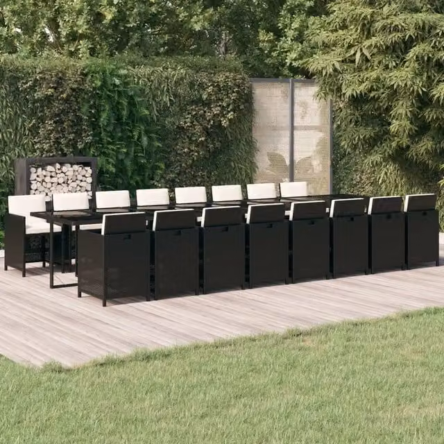 Set da pranzo da giardino vidaXL in polyrattan nero con cuscini bianchi e tavolo in vetro – 1