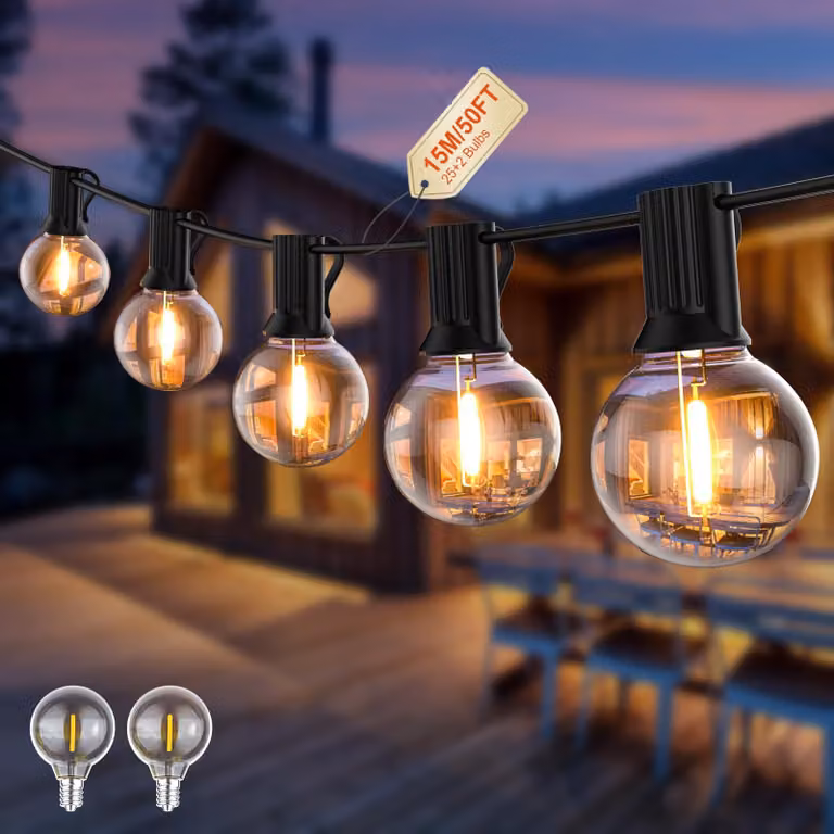 Catena luminosa LED G40, 15 metri, 25 lampadine indistruttibili, luce bianco caldo