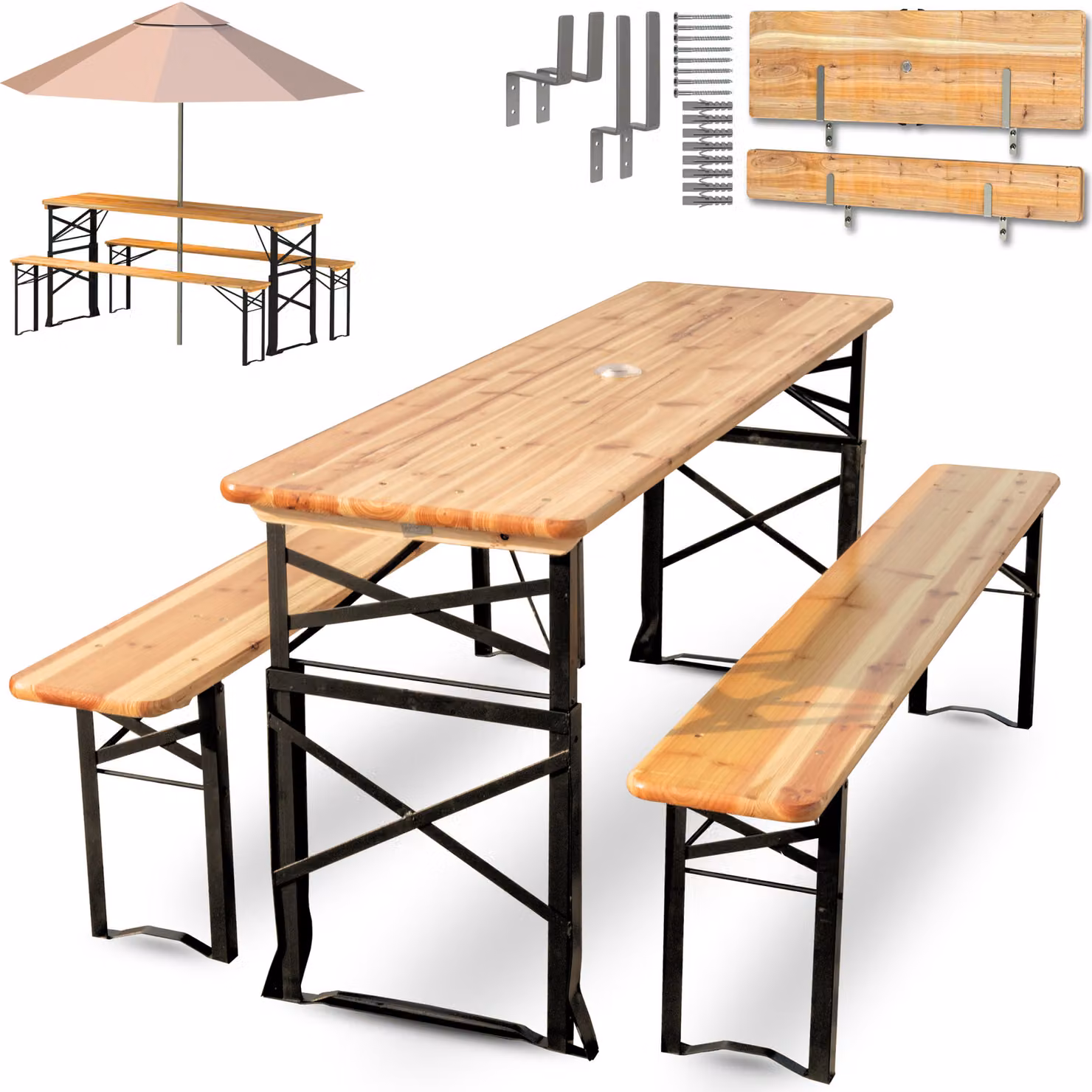 holz4home® Set 3 pezzi per tenda da birra in legno I 167 x 50 x 75 cm tavolo regolabile in altezza + 2 panche I Tendone pieghevole con supporto a parete