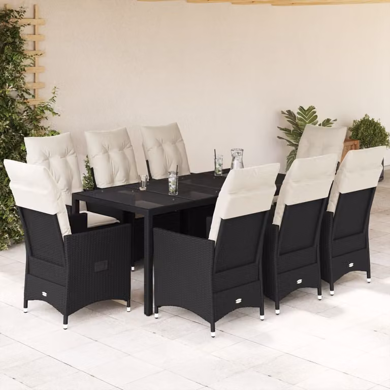 Set da Pranzo da Giardino vidaXL in Polyrattan Nero con Cuscini e Tavolo in Vetro, 9 Pezzi