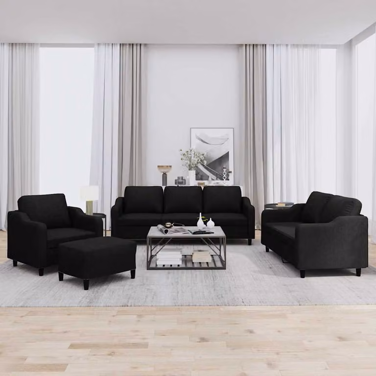 Set di divani vidaXL 4 pezzi in tessuto nero con cuscini e pouf per soggiorno