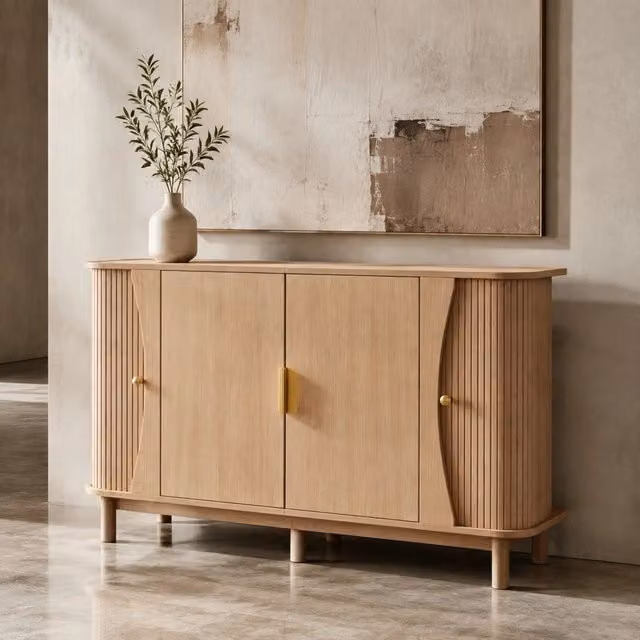 Credenza in MDF effetto noce con 2 ante scorrevoli e ripiano regolabile, L: 140 cm, P: 40 cm, H: 88 cm