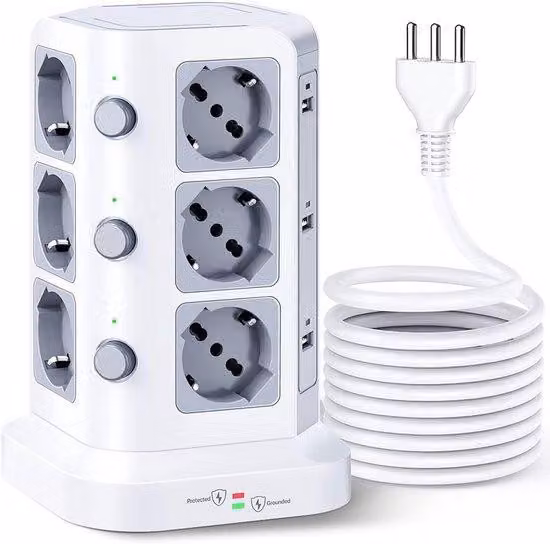 Ciabatta multipresa da 12 prese e 6 porte USB, 4000 watt, 16 ampere, protezione da sovraccarico, cavo da 5 metri, colore bianco