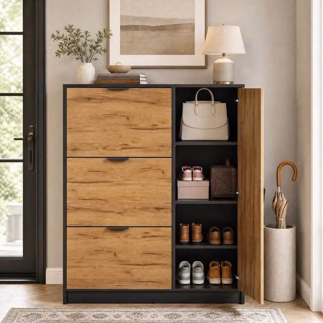 Scarpiera moderna FOLYNA con 3 vani a ribalta e ante, ripiani interni, in MDF marrone e nero, L: 100 cm, P: 30 cm, H: 130 cm